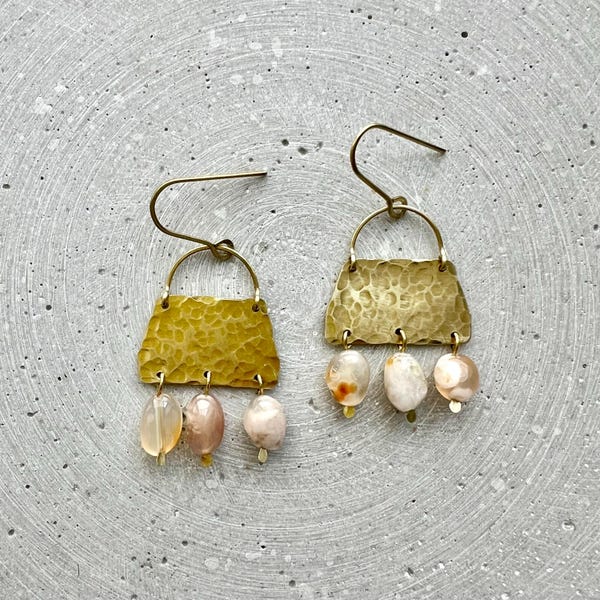 Agate Drop Statement Earrings, Hammered Brass Jewelry with Beige Gemstone, Handmade Slow Fashion