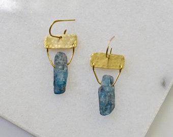 Kyanite Earrings, Hammered Brass Dangle Earrings with Natural Stones, Raw Stones