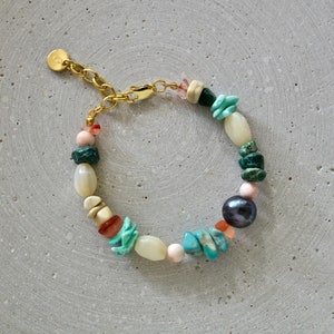 Beaded Statement Braclet with Vintage Gemstones and Large Grey Keshi Freshwater Pearl