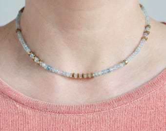 Aquamarin Necklace, Light Blue Gemstone Jewelry, Faceted Beads and Brass Discs, Gift for Mothers Day