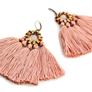 Pink Tassel Earrings, Boho Fan Earrings, Old Rose Fringe Earrings, Bohemian Bride Earrings, Hippie Statement Earrings, Clip On Chandeliers image 1