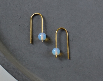 Opalite Earrings, Minimal Brass Arc Earrings, Modern Abstract Jewelry, Arch Earrings