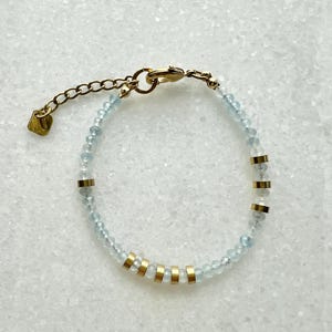 Aquamarine Bracelet, Light Blue Gemstone Jewelry, Faceted Beads with Brass Discs, Gift for Fiance