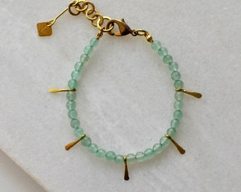 Green Aventurine Bracelet with Brass Fringe, Gemstone Jewelry