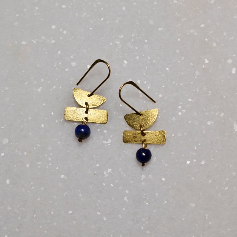 Geometric Dangle Earrings with Gemstone Bead, Minimalist Brass Jewelry, Shapes Earring image 9