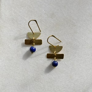 Geometric Dangle Earrings with Gemstone Bead, Minimalist Brass Jewelry, Shapes Earring image 6