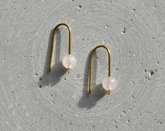 Rose Quartz Arc Earring, Minimalist Gemstone Jewelry, Small Dangle Earring with Bead