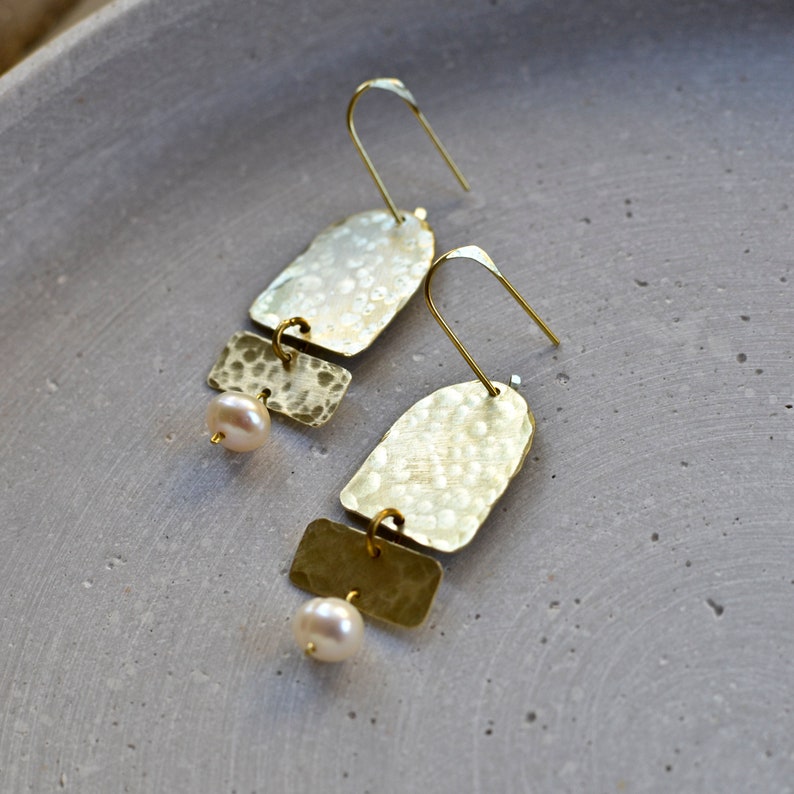 Geometric Brass Earrings with Fresh Water Pearls, Abstract Jewelry image 5