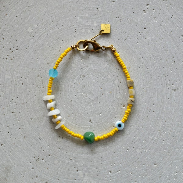 Evil Eye Bracelet with Moonstone, Jade and Agate Beads, Yellow Seed Beads Bracelet, Beach Jewelry