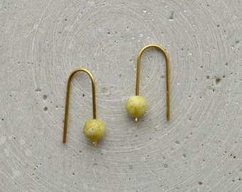 Yellow Turquoise Arc Earrings, Minimalist Gemstone Drop Earring, Gift for Sister, Green Natural Stone Jewelry, Sterling Silver or Brass