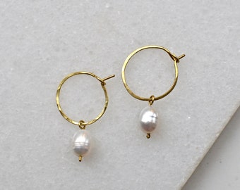 Freshwater Pearl Hoop Earrings, White Pearl Huggies, Creole Earrings