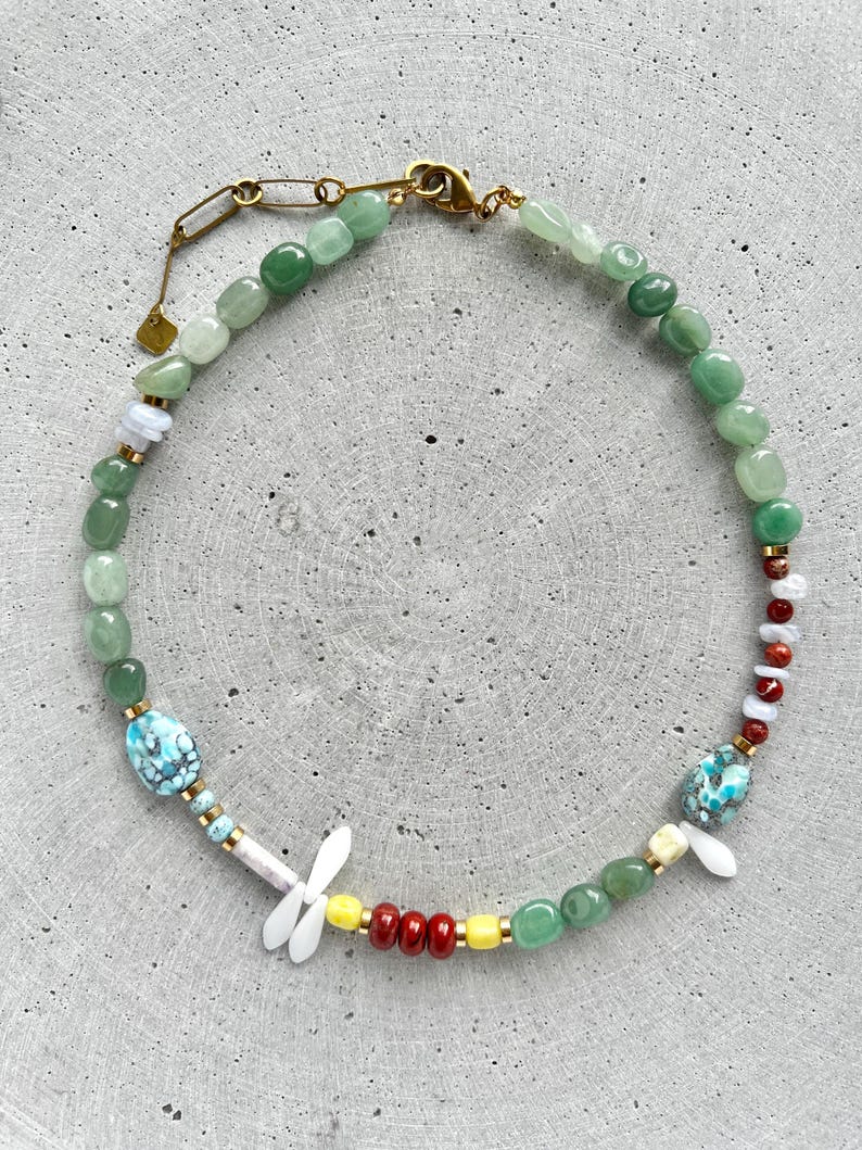 Mixed Gemstone Necklace with Vintage Glass Beads, Jasper, Green Aventurine, Jade and Agate image 3