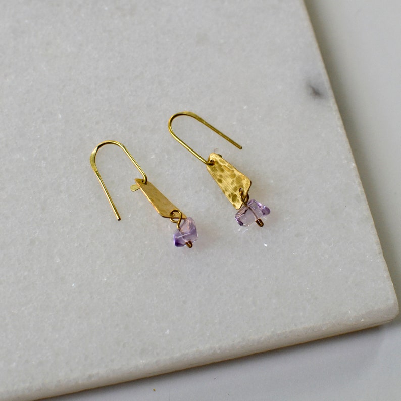 Amethyst Dangle Earrings, Hammered Brass Earrings with Upcycled Gemstone, Slow Fashion image 6