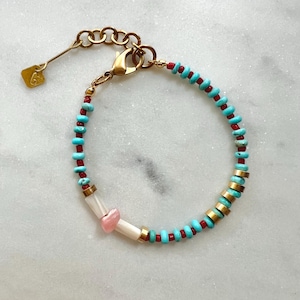 Turquoise Statement Bracelet, Vintage Seed Beads and Pink Opal Stone, Surfer Jewelry, Gift Idea for Sister