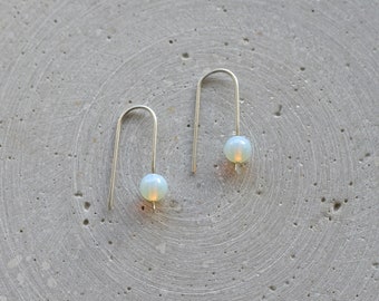 Opalite Earrings, Minimalist Arc Earrings, Sterling Silver Dangle Earring with Gemstone, Light Weighted Jewelry
