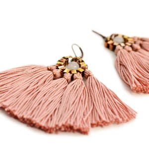 Pink Tassel Earrings, Boho Fan Earrings, Old Rose Fringe Earrings, Bohemian Bride Earrings, Hippie Statement Earrings, Clip On Chandeliers image 7