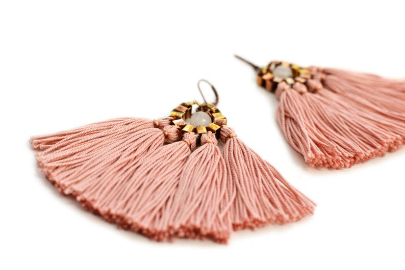 Pink Tassel Earrings, Boho Fan Earrings, Old Rose Fringe Earrings, Bohemian Bride Earrings, Hippie Statement Earrings, Clip On Chandeliers image 7