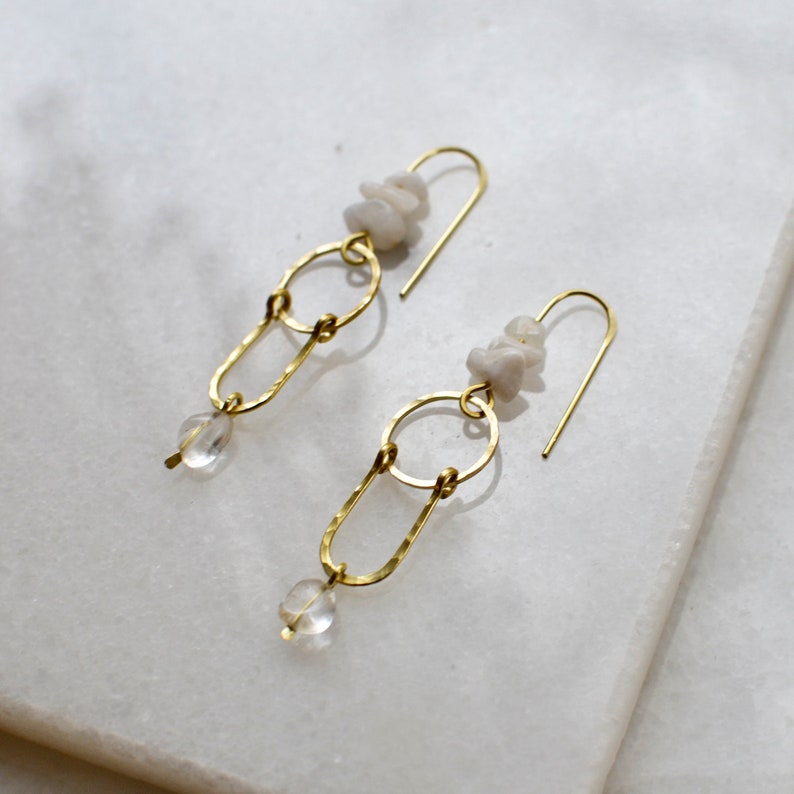 Moonstone and Clear Quartz Dangle Earrings, Gemstone Cluster Earring, Crystal Shoulder Duster image 3