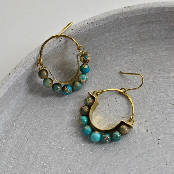 Imperial Jasper Hoops, Beaded Regalite Earrings with Hammered Brass, Slow Jewelry