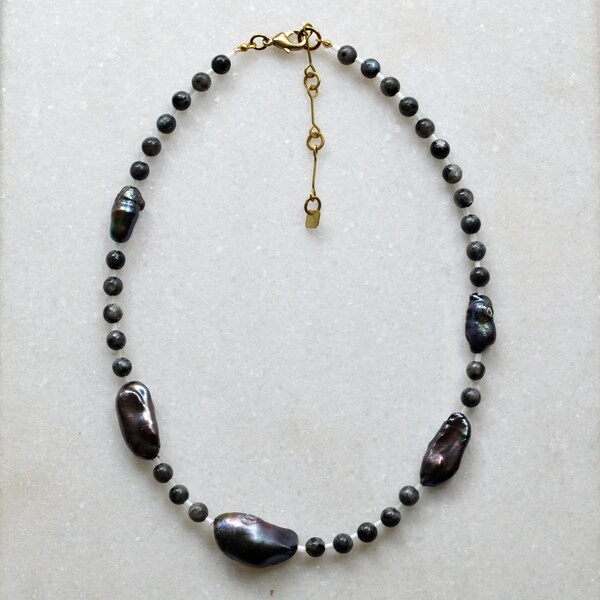 Keshi Pearl Necklace with Black Flecked Labradorite Beads, One Of A Kind Necklace with Freshwater Pearl