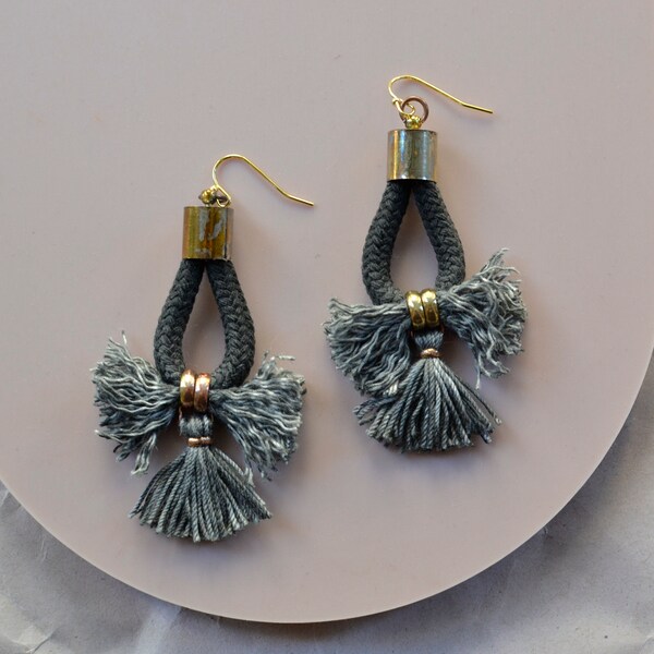 Dark Grey Tassel Earrings, Rope Earrings, Hippie Earrings, Bohemian Chandeliers, Statement Earrings, Folk Earrings, Anthracite Earrings
