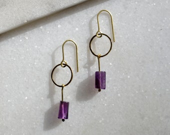 Circle Dangle Earrings with Amethyst, Geometric Brass Jewelry