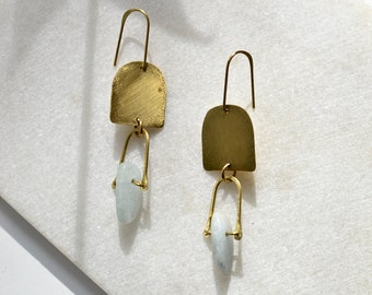 Aquamarin Chandeliers, Brass Statement Earrings, Gemstone Shoulder Duster, Abstract Shape Jewelry