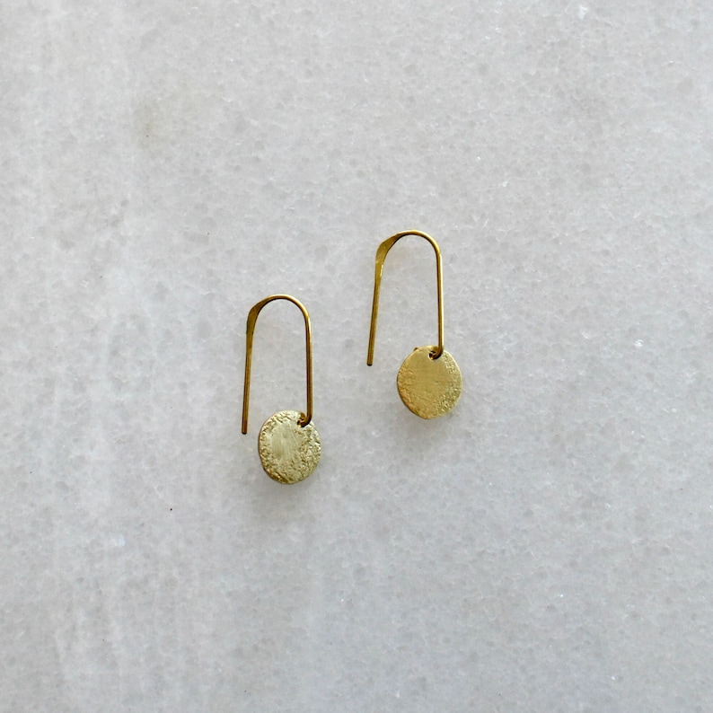 Minimalistic Drop Earrings, Modern Circle Earrings, Golden Brass Jewelry image 1