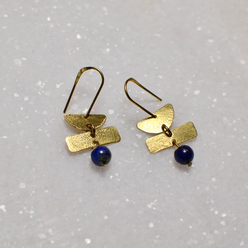 Geometric Dangle Earrings with Gemstone Bead, Minimalist Brass Jewelry, Shapes Earring image 10