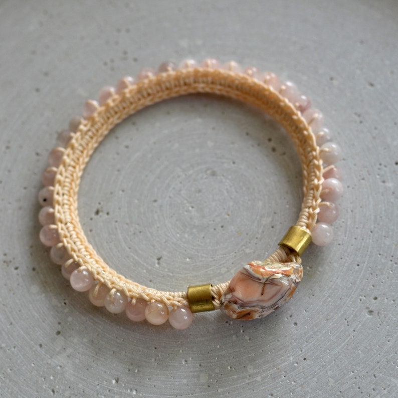 Beaded Rose Quartz Bangle, Pink Crochet Cuff Bracelet with Botswana Agate, Gift for Mother image 3