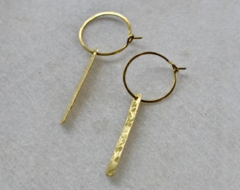 Minimalist Hoop Earrings with Hammered Brass Bar Pendant