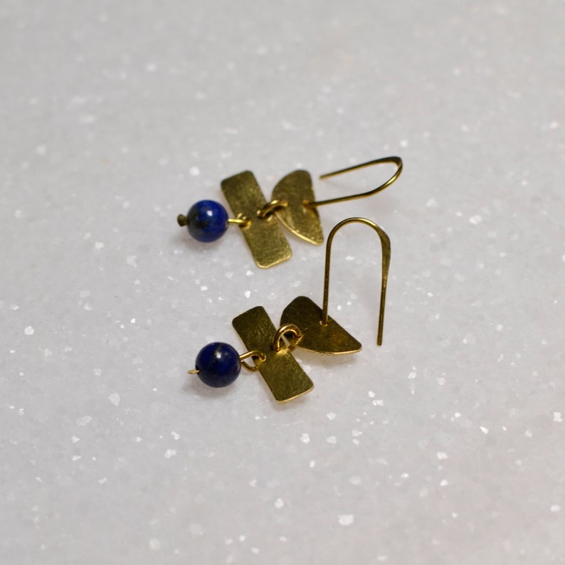 Geometric Dangle Earrings with Gemstone Bead, Minimalist Brass Jewelry, Shapes Earring image 8