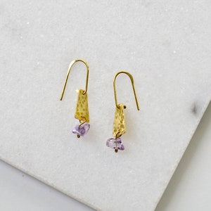 Amethyst Dangle Earrings, Hammered Brass Earrings with Upcycled Gemstone, Slow Fashion image 5