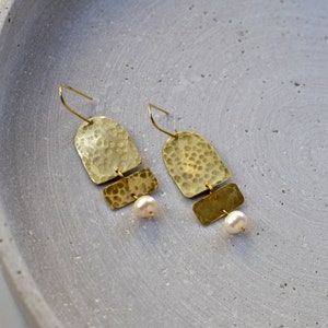 Geometric Brass Earrings with Fresh Water Pearls, Abstract Jewelry image 9