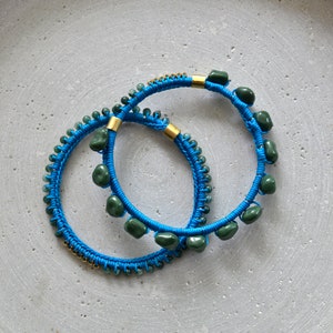 Crocheted Bangle Bracelet Set with Vintage Resin Beads, Turquoise Bangle with Green Acrylic