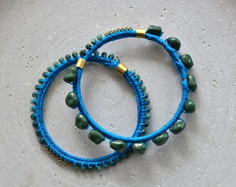 Crocheted Bangle Bracelet Set with Vintage Resin Beads, Turquoise Bangle with Green Acrylic