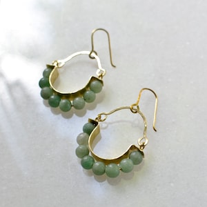 Aventurin Hoops with Hammered Brass, Natural Stone Creole Earrings, Green Stone Dangle Earring