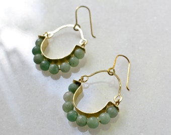 Aventurin Hoops with Hammered Brass, Natural Stone Creole Earrings, Green Stone Dangle Earring