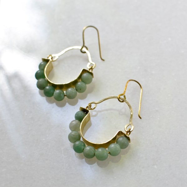 Aventurin Hoops with Hammered Brass, Natural Stone Creole Earrings, Green Stone Dangle Earring