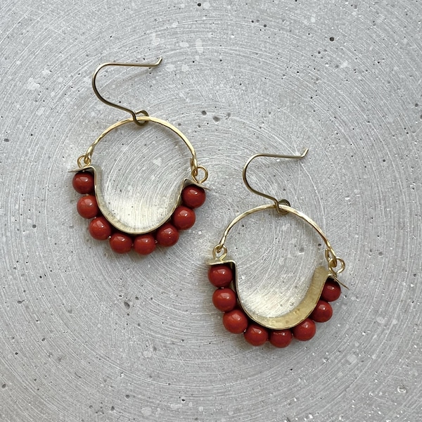 Red Jasper Hoops with Hammered Brass, Natural Stone Creole Earrings, Rust Red Stone Dangle Earring