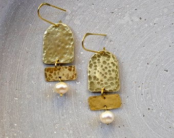 Geometric Brass Earrings with Fresh Water Pearls, Abstract Jewelry