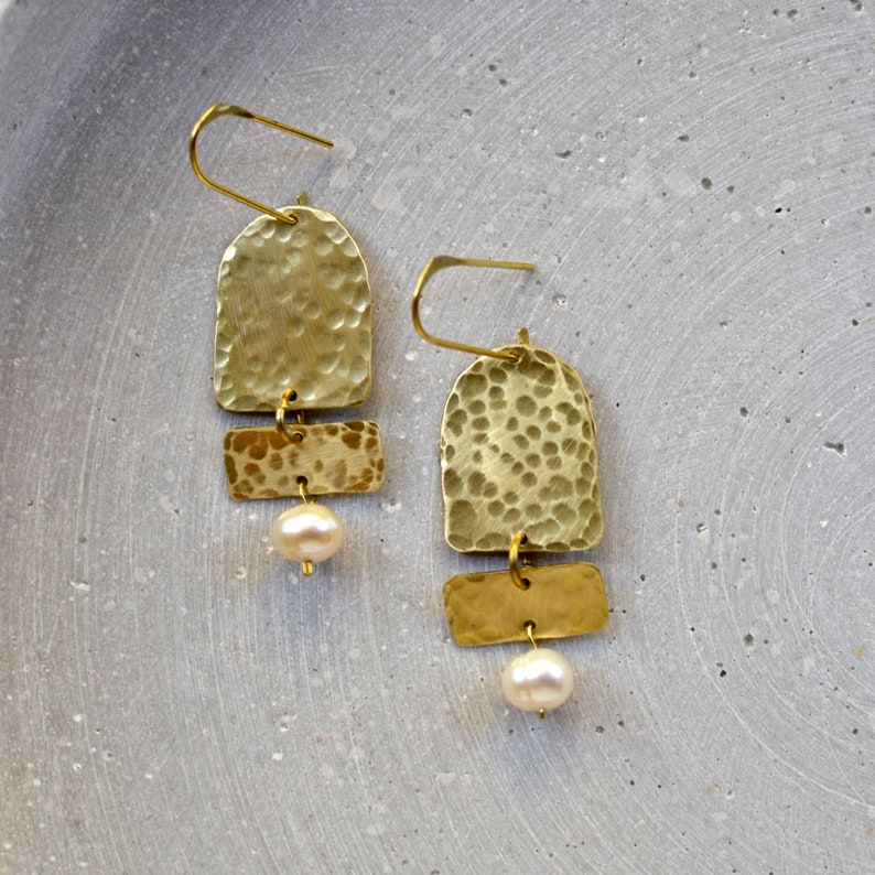 Geometric Brass Earrings with Fresh Water Pearls, Abstract Jewelry image 1