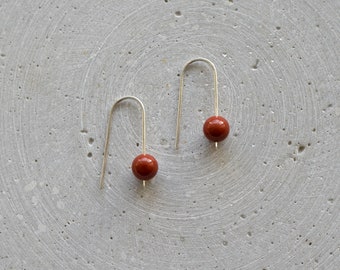 Minimalist Arc Earrings with Red Jasper, Sterling Silver Dangle Earring with Gemstone, Gift Idea for Mother