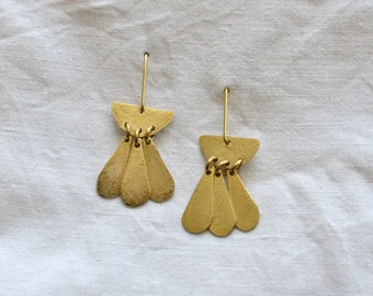 Three Leaves Statement Earrings, Modern Minimalist Jewelry, Hammered Brass Chandlier