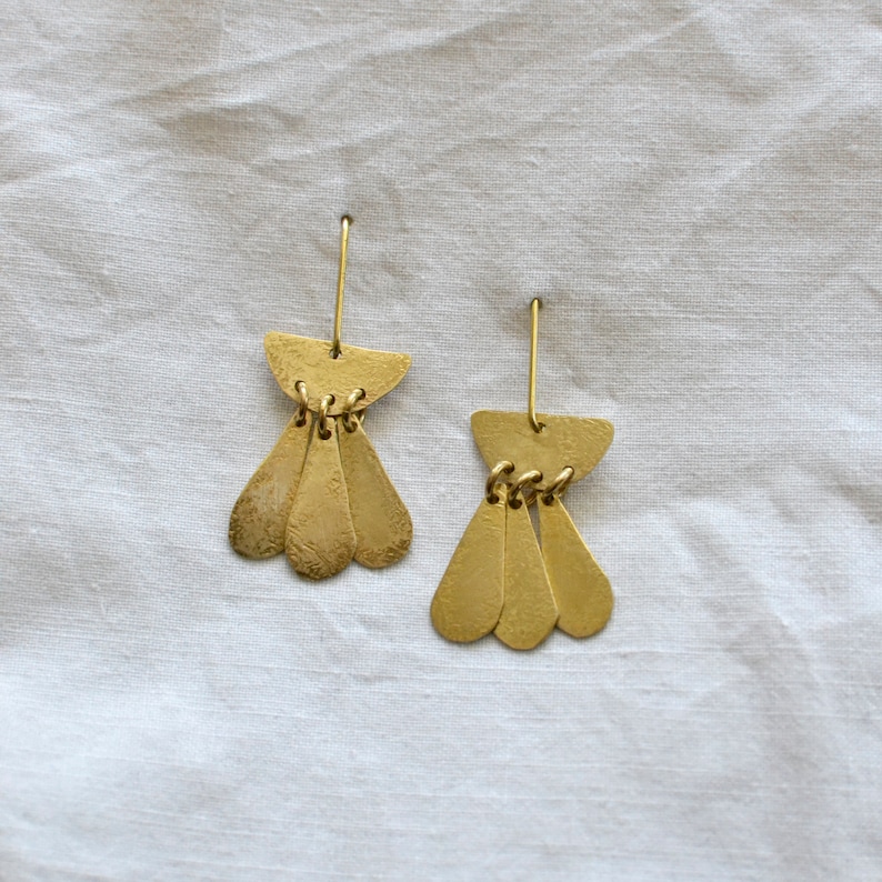 Three Leaves Statement Earrings, Modern Minimalist Jewelry, Hammered Brass Chandlier image 1