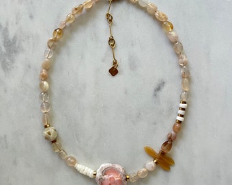 Mixed Gemstone Necklace with Large Botswana Agate and Vintage Shell Discs, Pastel Stone Jewelry