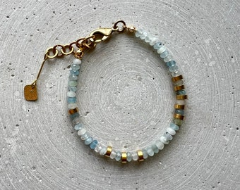 Aquamarine Bracelet, Light Blue Gemstone Jewelry, Faceted Beads with Brass Discs, Gift for Fiance