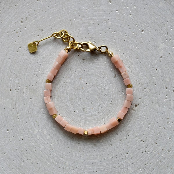 Pink Opal Cube Bracelet, Minimalist Gemstone Jewelry, Handmade Beaded Jewelry