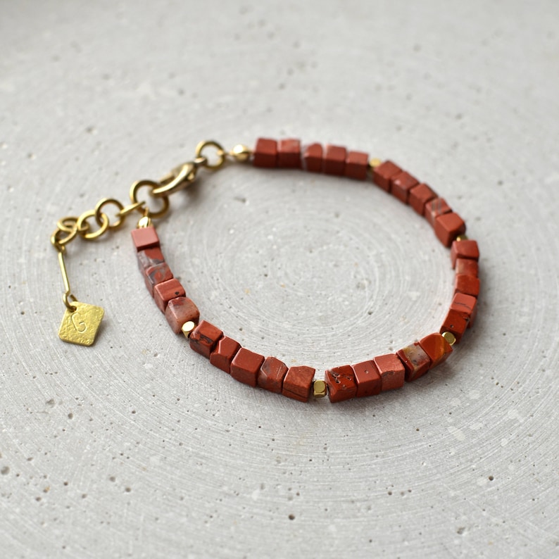 Red Jasper Bracelet, Minimalist Cube Beads Bracelet, Red Unisex Jewelry image 4