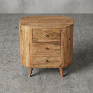 Mini Chestnut Bedside Table – Solid Mango Wood Nightstand with 3 Drawers, Rounded Design zdjęcie 12